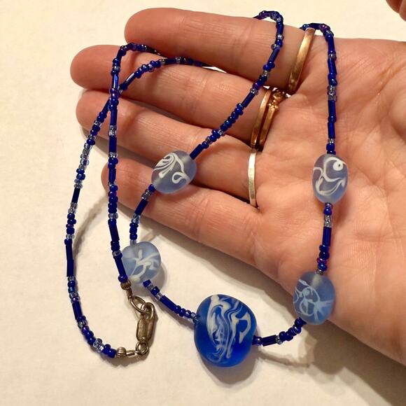 Painted Blue Sea Glass Hand Crafted Beaded Necklace - Picture 6 of 8